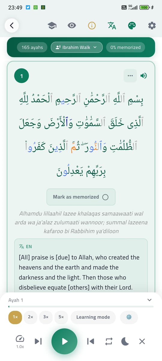 Memorisation — Memorise ayah by ayah with tajweed + translation.