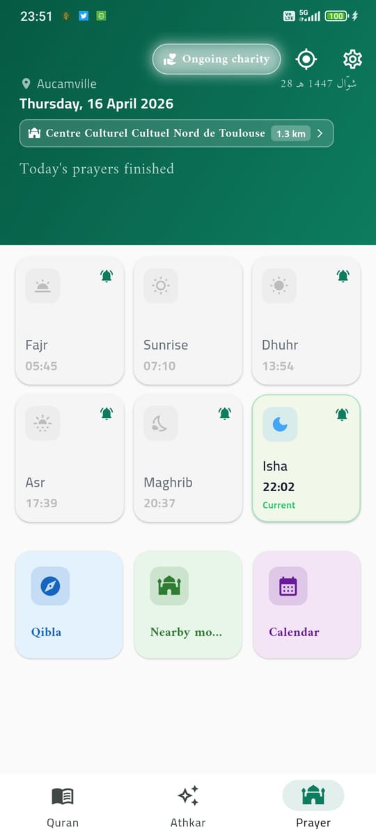 Prayer times — Five prayers, your mosque, the Hijri date.