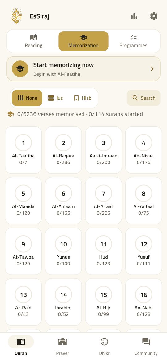Memorisation — Memorise ayah by ayah with tajweed + translation.