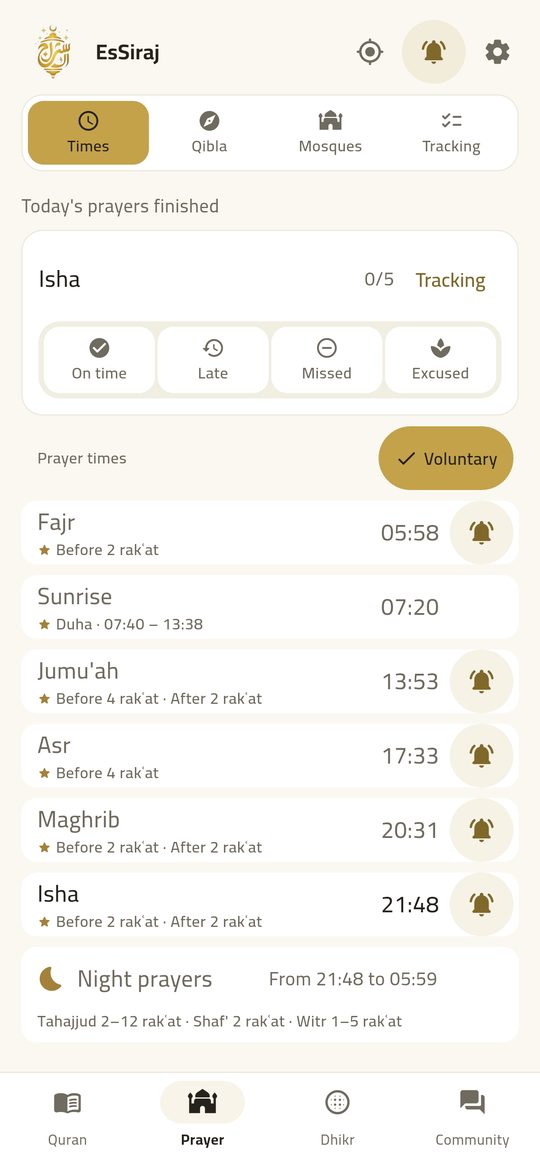 Prayer times — Five prayers, your mosque, the Hijri date.