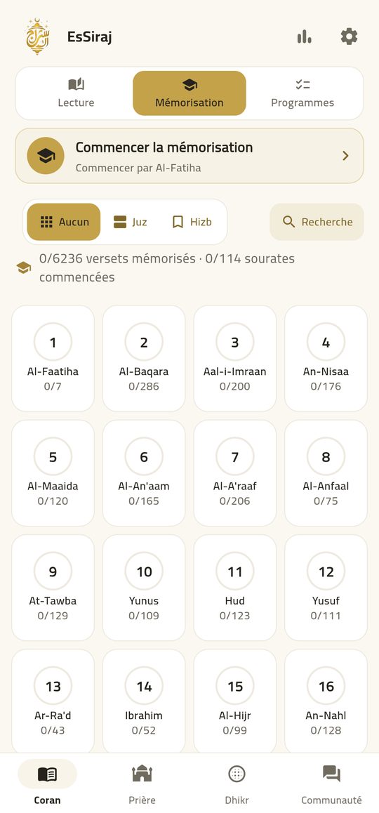 Mémorisation — Mémorisez ayah par ayah avec tajwid et traduction.