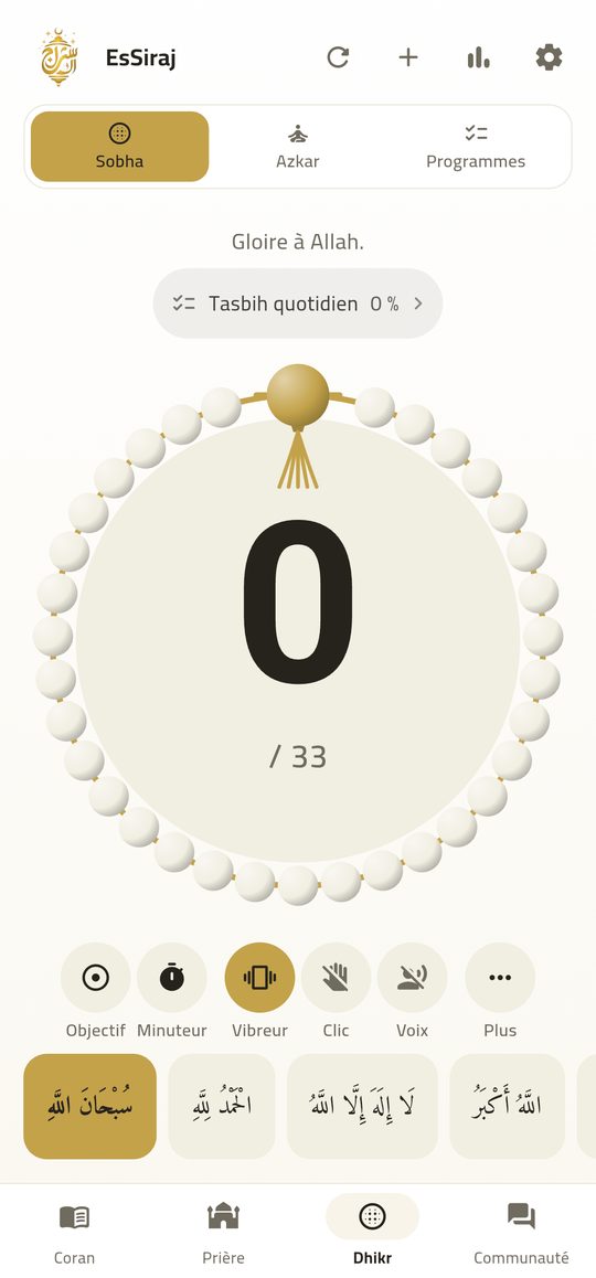 Statistiques du tasbih — Chaque سبحان الله, compté et mémorisé.