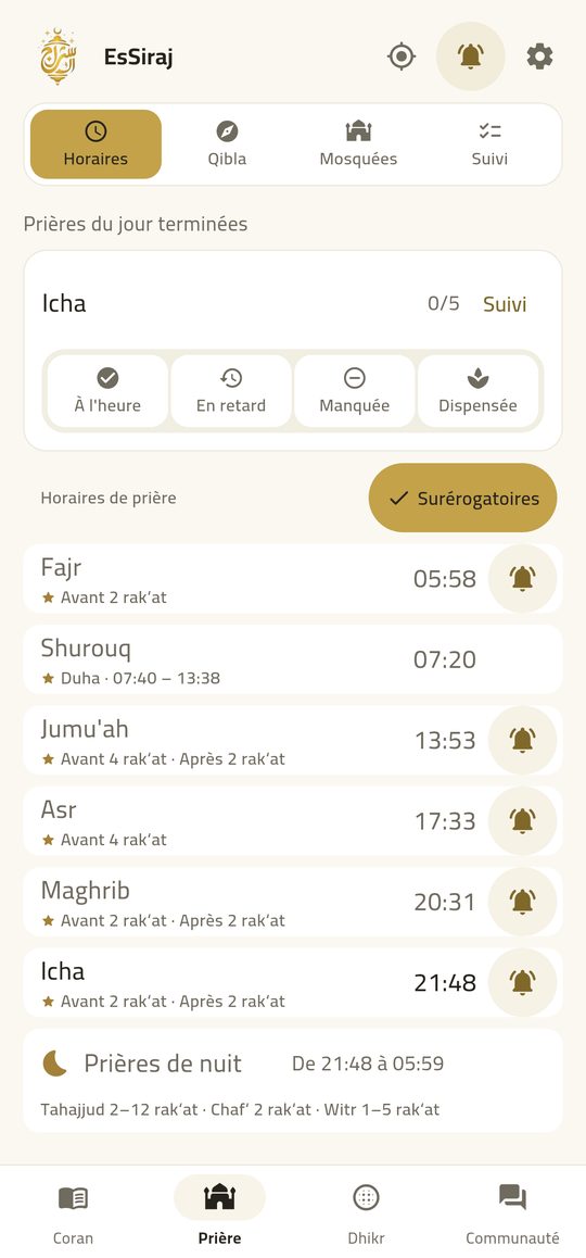 Horaires de prière — Cinq prières, votre mosquée, la date hégirienne.