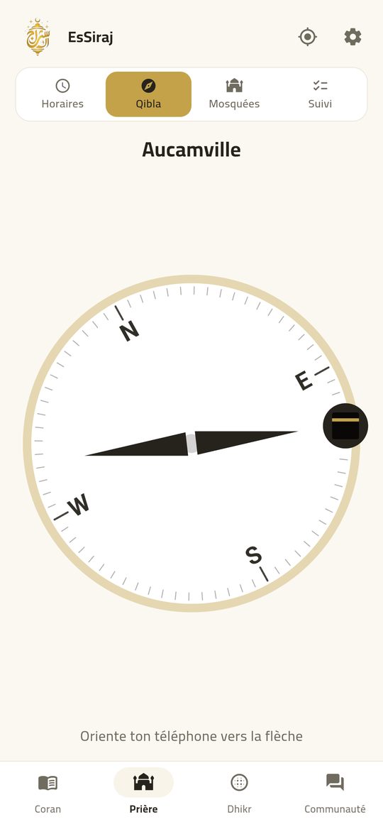 Qibla — Qibla au nord réel avec boussole en direct.