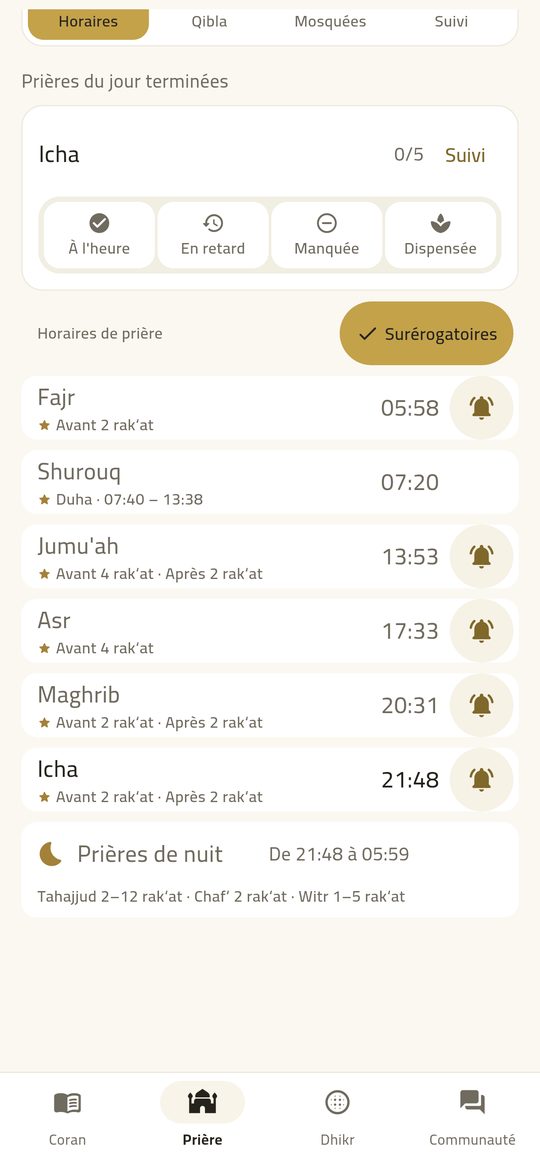 Sunna et surérogatoires — Chaque prière, avec ce qui la précède et la suit.