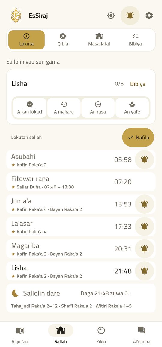 Prayer times — Five prayers, your mosque, the Hijri date.