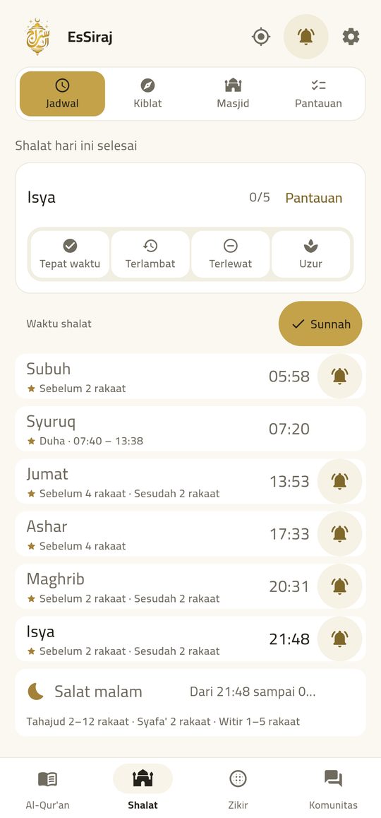 Prayer times — Five prayers, your mosque, the Hijri date.