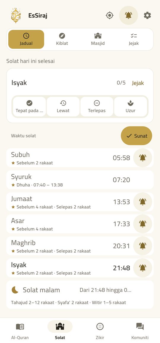 Prayer times — Five prayers, your mosque, the Hijri date.